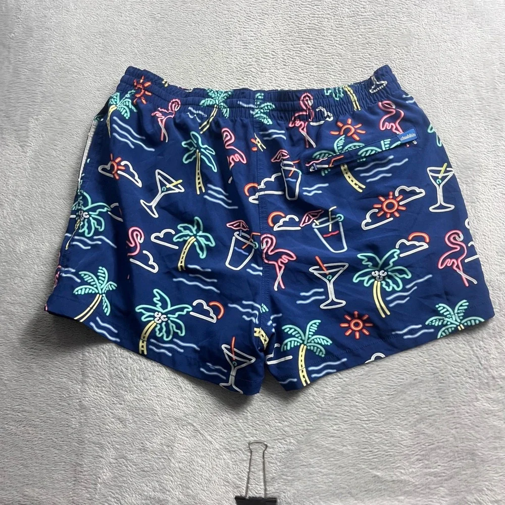 Chubbies Mens XL Swim Trunks Navy Neon Flamingo Palm Tree 4 Inch Inseam Shorts
